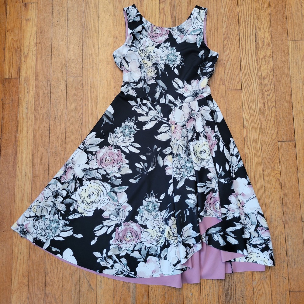 White House Black Market Floral Hi Low Fit Flare‎ Dress Black Pink 00 Party